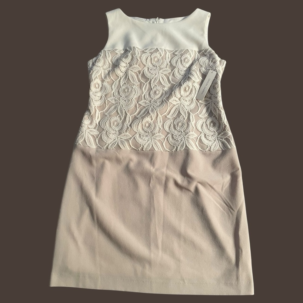 NWT Formal Beige & Cream Floral Lace Midi Sheath Dress | Size 10 | WEDDING